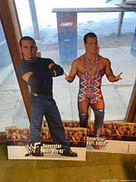 Front view of both standees showing full graphics and bases