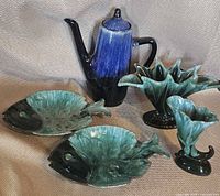 Group shot of all five glazed ceramic pieces