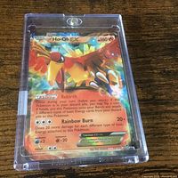 Front view of Ho-Oh EX full-art card in protective case