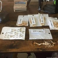 Overall lot view with packaged skeleton bracelets and board of stud earrings
