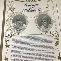 Front of Legends of Baseball stamp sheet with descriptive text header