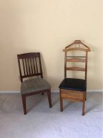 Two wooden chairs against a wall on carpet - left upholstered seat chair and right butler chair with drawer
