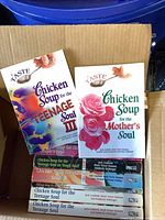 Box showing two ‘A Taste of’ Chicken Soup titles atop stack of Chicken Soup spines