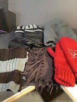 All five winter accessories laid out: gloves, beanie, mittens, two scarves