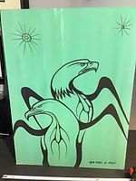 Full view of signed green illustration board painting