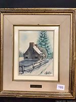 Front view of framed painting showing artwork, frame, mat, and signature area