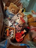 Group shot of dolls, teddy bear, animal figures in container