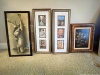 Four framed prints standing: hunting still life, two montage prints, floral still life