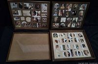 Front view showing four wooden frames, two filled with collage photographs, one partially filled, one empty