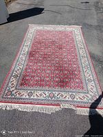 Full view of 10' x 6' red oriental rug with ivory border and fringes