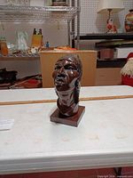Front view of carved wood Incan bust on plinth base