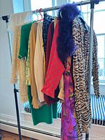 Rack showing full assortment of garments and feather boa