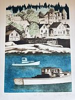 Full view of framed harbour scene print with houses and boats