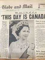Front page of July 1 1967 Globe and Mail Centennial edition showing masthead and Queen Elizabeth II photo