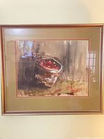 Full view of framed watercolor still life under glass