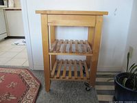 Front view of trolley showing top surface, two slatted shelves, legs, and one rear caster