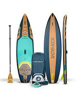Front, back and side views of paddle board with paddle, pump, fin, leash and backpack