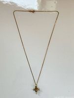 Full view of necklace laid flat showing chain length and pendant