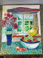 Full view of signed still life painting on canvas