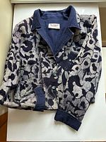 Front view of navy and grey patterned linen-cotton jacket