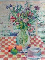 Close view of artwork showing still life details and signature