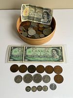 Overall contents: bowl of mixed coins, three $1 banknotes displayed