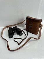 Binoculars and closed brown leather case with shoulder strap