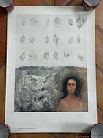 Full view of unframed Jiří Anderle lithograph held flat by weights