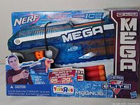 Front of sealed box showing Nerf N-Strike Elite Mega Magnus Sonic ICE blaster and darts