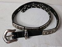 Full view of belt coiled showing buckle, keeper, tile panels