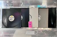 Group shot of six 12-inch records in assorted generic sleeves on shelf