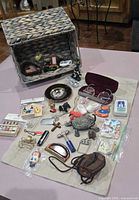 Overall view of basket and spread of collectibles