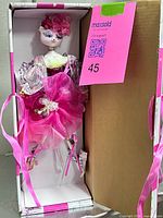 Cat doll inside open box showing pink layered dress and accessories