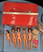 Top view red vinyl case, five dolls, accessory bag, beige case, pamphlets visible