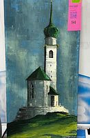 Full view of painting showing entire church scene and signature