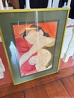 Overall view of framed artwork showing subject, frame, matting and condition