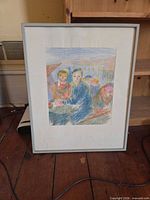 Overall view of framed pencil crayon portrait sketch with mat and grey frame