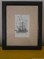 Framed pencil sketch of sailboat, full view with frame