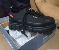 Side view of single black Palladium Revolt LO TX sneaker on box