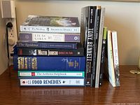 Stacked horizontal books with visible titles and vertical row of additional books