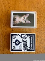 Top view of both playing card decks: Streamline boxed deck and kitten image deck in plastic case
