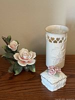 Three Lenox porcelain items: vase, rose sculpture, trinket box