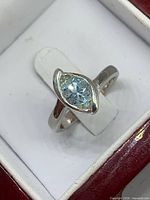 Top view of sterling silver ring with round aquamarine in bezel setting