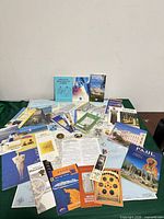 Group shot of brochures, maps and guidebooks spread on table