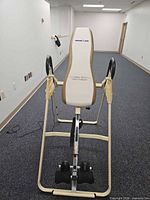 Front view showing beige vinyl backrest, side handlebars, ankle locking system and overall frame
