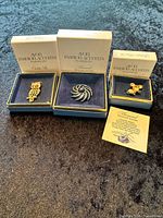 Three boxed Avon Fashion Accents pins displayed