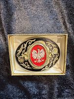 Full view of belt buckle in presentation box