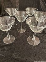Six etched champagne coupes grouped on black backdrop