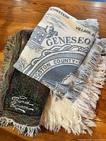 Three folded throws: Thomas Kinkade tapestry, Geneseo NY tapestry, cream heart throw