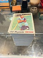 Stack of vintage baseball cards, top card Bill Mazeroski Pirates